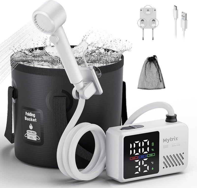 Mytrix Portable Camping Shower Pump with Foldable Bucket, 10L/Min High Flow, 7800mAh Rechargeable Battery, 4 Spray Modes, IPX8 Waterproof Outdoor Shower for Hiking, Travel & Pets - Image 1
